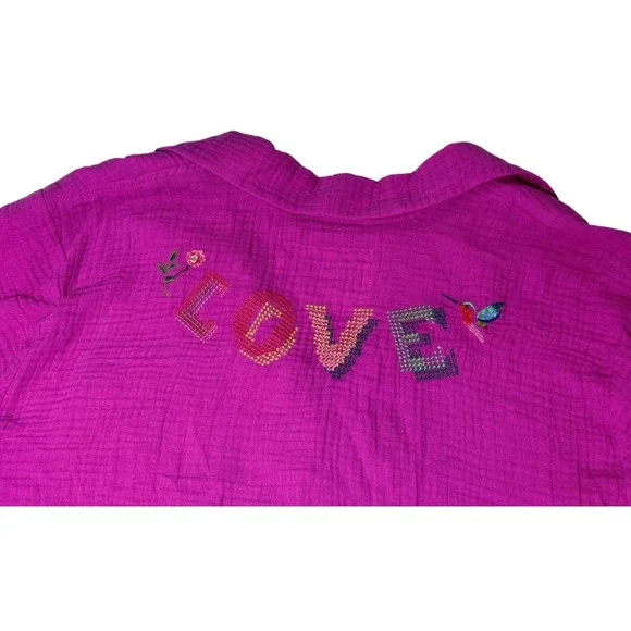 Johhny Was Biya Camp Shirt Womens XL Pink Desire Love Heart Floral Gauze Top - Picture 10 of 13